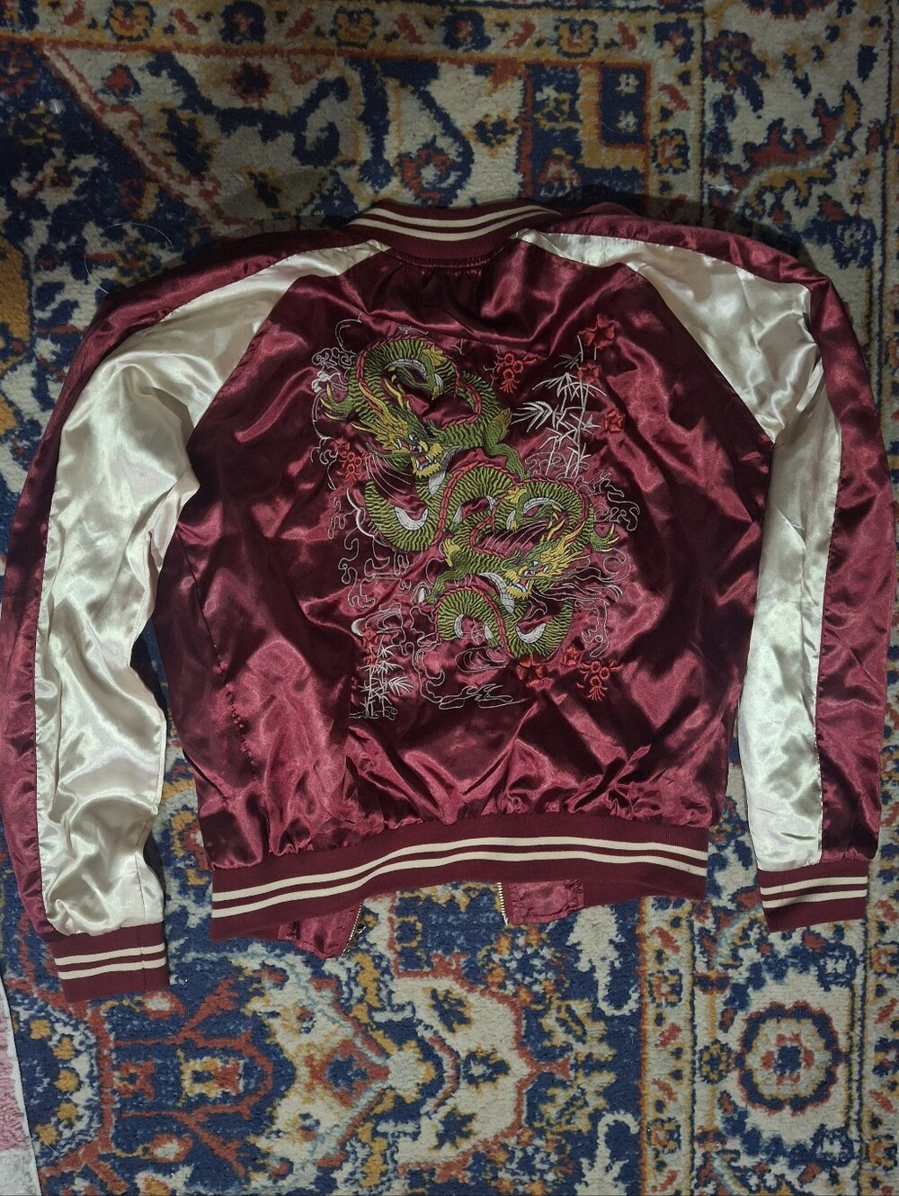 Embroidered SAKUJAN Bomber Dragon Satin Bomber Jacket - Burgundy & Cream  SMALL